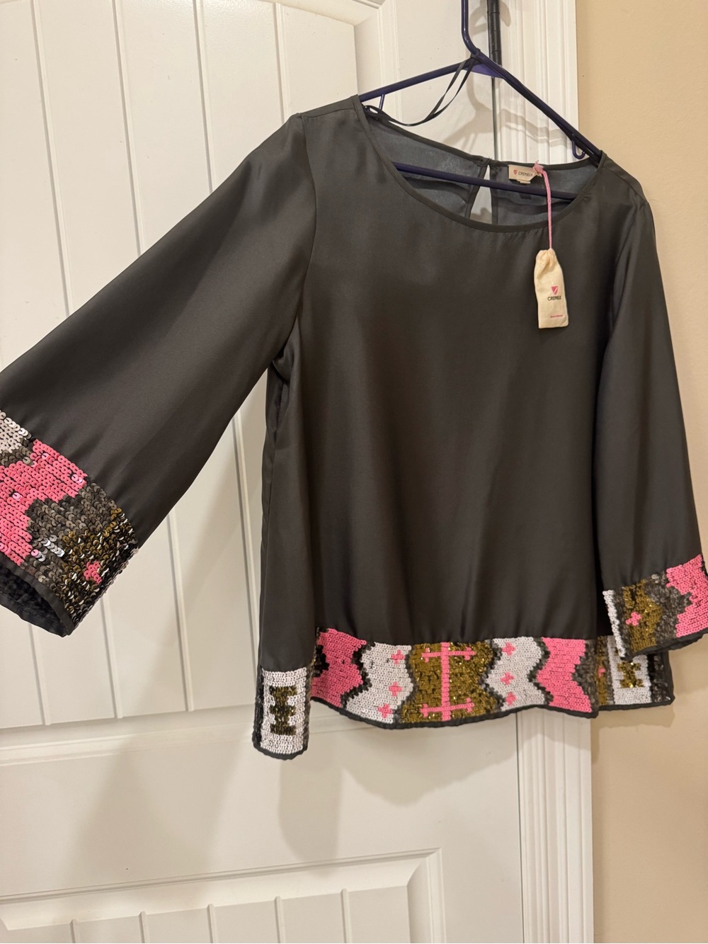 Daniel Cremieux grey Blouse with Pink Sequin Trim
